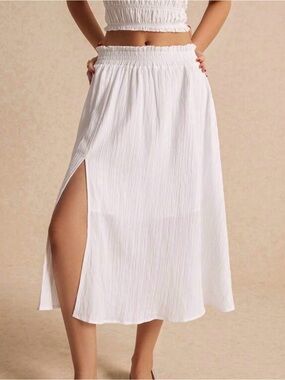 Women's White Midi Split Skirt - Elastic Waist